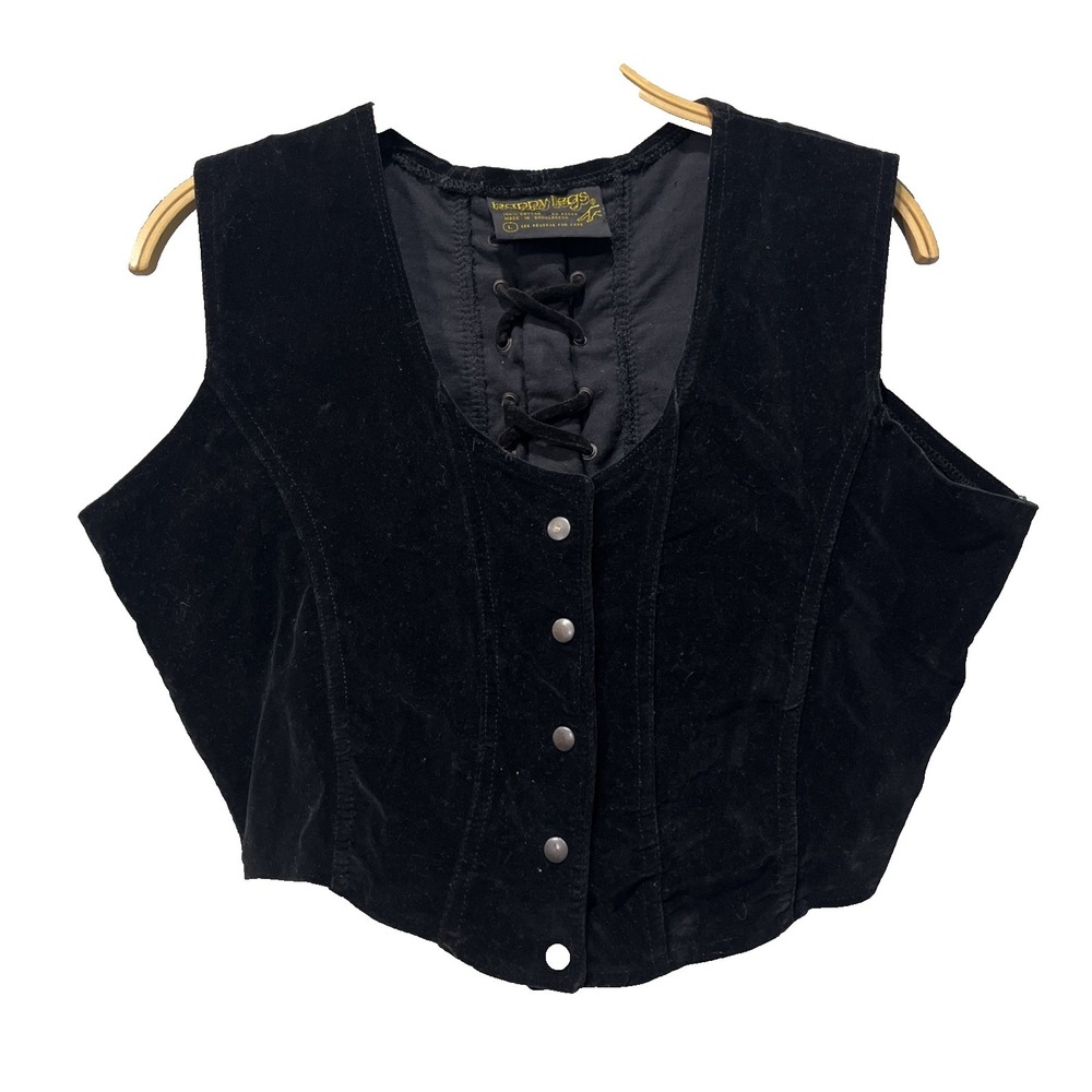 Happy Legs Vest Women L Black Velvet Lace Up Back Corset Renaissance Goth Snap